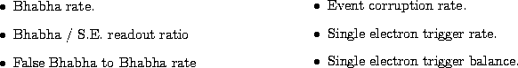 \begin{figure}
\begin{center}
\parbox {7.8cm}{
\begin{itemize}
\item Bhabha rate...
...e.
\item Single electron trigger balance.
\end{itemize}}\end{center}\end{figure}