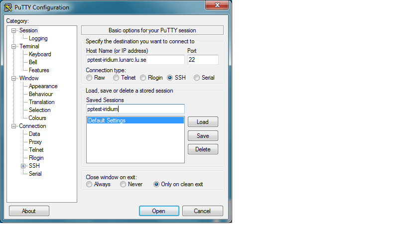 PuTTY connection configuration