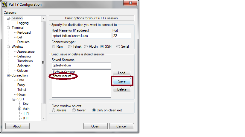 Save a session configuration in PuTTY