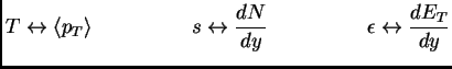 $\displaystyle T \leftrightarrow \< p_T \> \hspace{2cm}
s \leftrightarrow \frac{dN}{dy} \hspace{2cm}
\epsilon \leftrightarrow \frac{dE_T}{dy} $